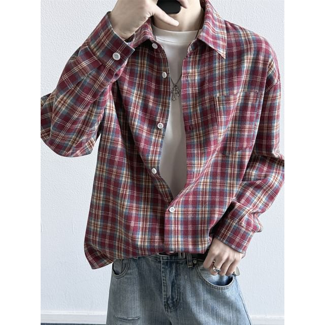 Drawouf-Long-Sleeve Collared Plaid Button Up Shirt