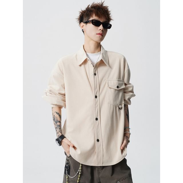 Drawouf-Long-Sleeve Collared Plain Button Up Shirt
