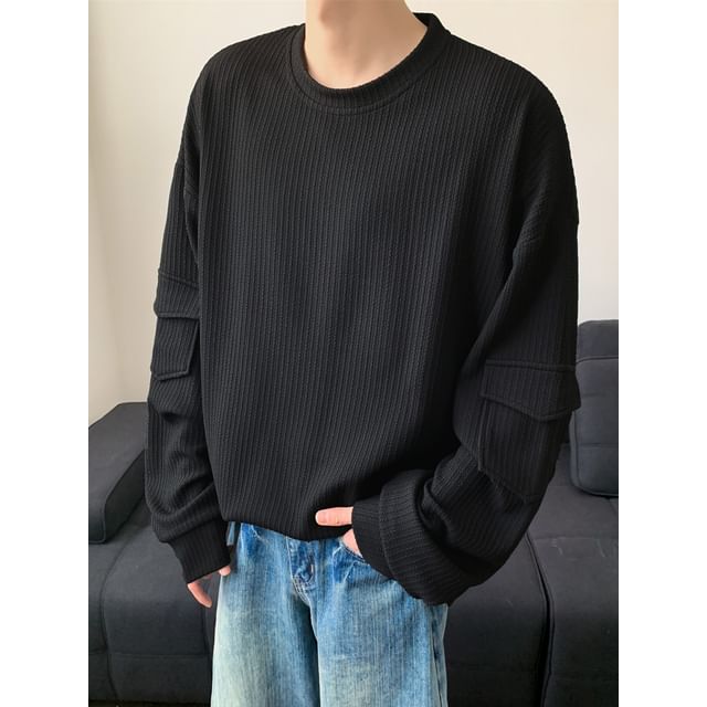 Drawouf-Long-Sleeve Crew Neck Plain Ribbed T-Shirt