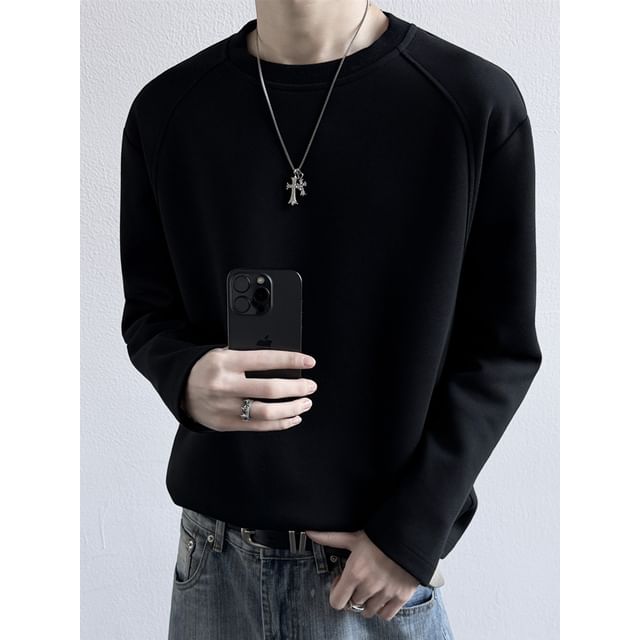Drawouf-Long-Sleeve Crew Neck Plain T-Shirt