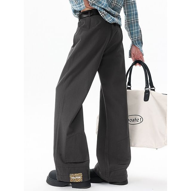 Drawouf-Mid Rise Plain Wide Leg Pants