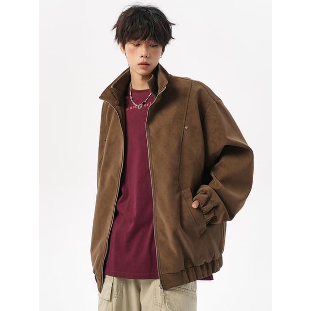 Drawouf-Stand Collar Faux Leather Oversized Zip Jacket