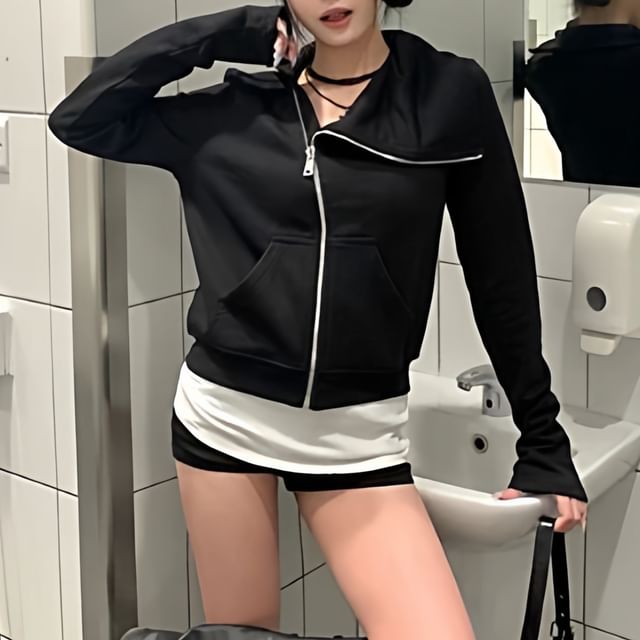 Dreamkura-Asymmetrical Plain Zip-Up Jacket