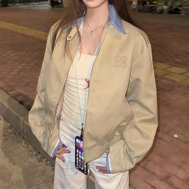 Dreamkura-Collared Plaid Panel Zip Barn Jacket