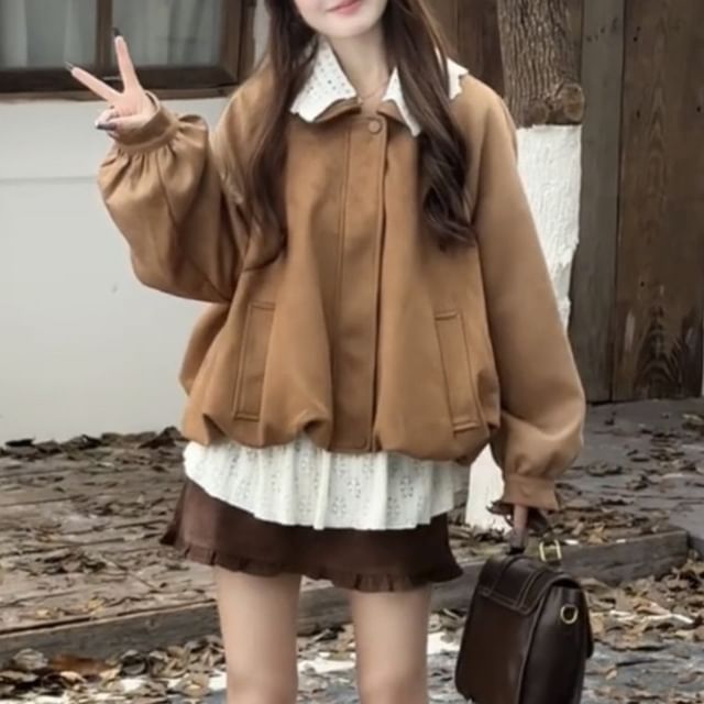 Dreamkura-Collared Plain Zip Jacket