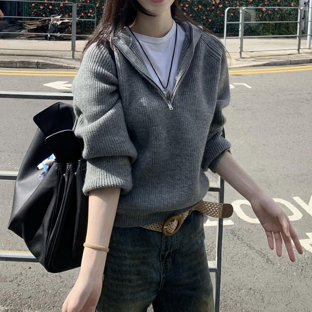 Dreamkura-Drop Shoulder Half Zip Ribbed Knit Sweater