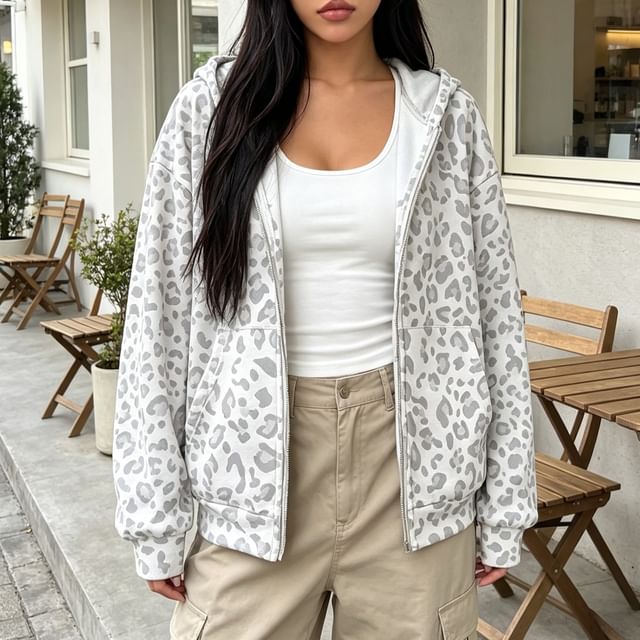 Dreamkura-Drop Shoulder Leopard Print Zip Hoodie