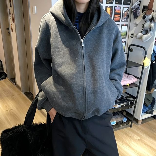 Dreamkura-Drop-Shoulder Plain Zip Hoodie