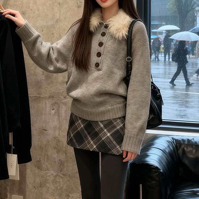 Dreamkura-Fluffy Collared Henley Neck Plain Sweater