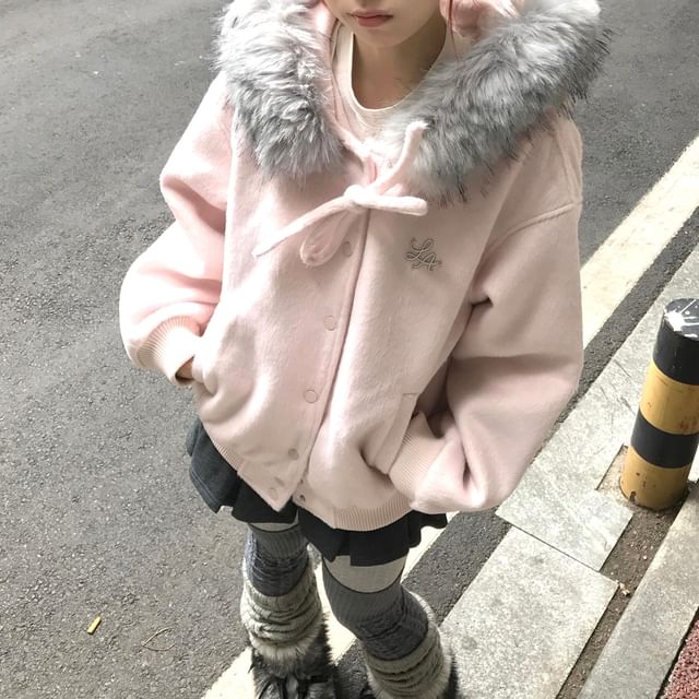 Dreamkura-Fluffy Hooded Plain Button Jacket
