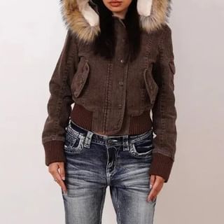 Dreamkura-Fluffy Trim Hooded Button-Up Crop Jacket