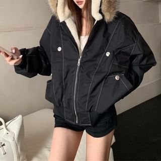 Dreamkura-Hooded Plain Fluffy Lined Zip Jacket