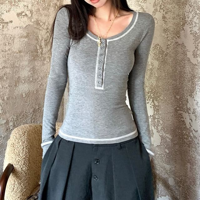 Dreamkura-Long-Sleeve Halter Neck Plain T-Shirt