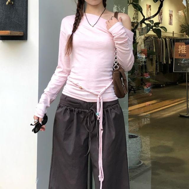 Dreamkura-Long Sleeve Off Shoulder Plain Tee
