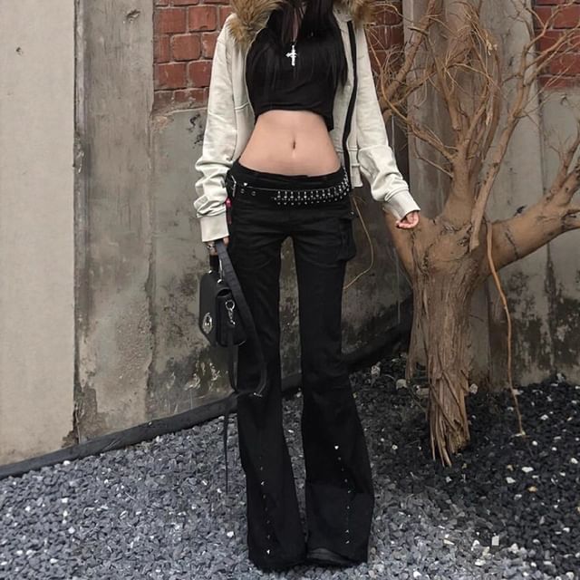 Dreamkura-Low Waist Studded Flared Jeans
