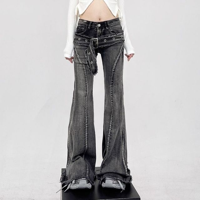Dreamkura-Mid Waist Washed Flared Jeans