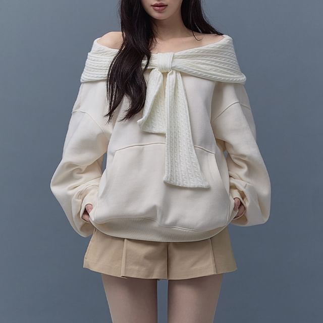 Dreamkura-Off Shoulder Plain Bowknot Detail Pullover