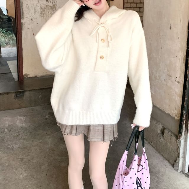 Dreamkura-Plain Hood Button Sweater