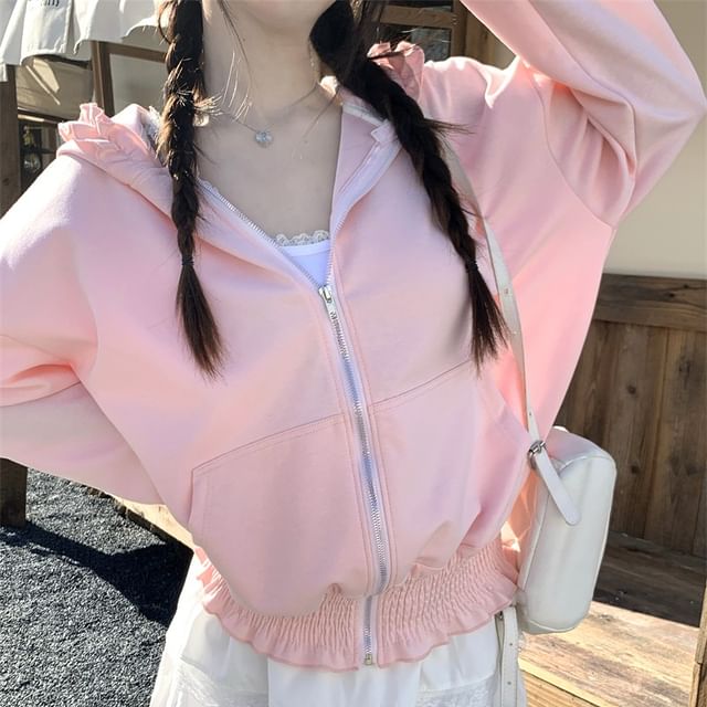 Dreamkura-Plain Ruffle Hooded Zip Jacket