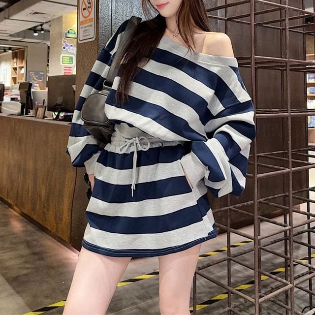 Dreamkura-Set Off Shoulder Striped Pullover Mini Skirt