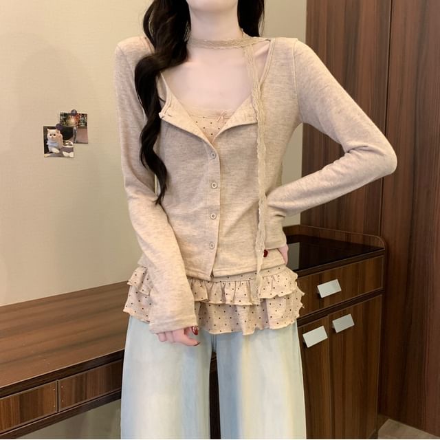 Dreamkura-Set Plain Light Jacket Dotted Lace Trim Halter Top