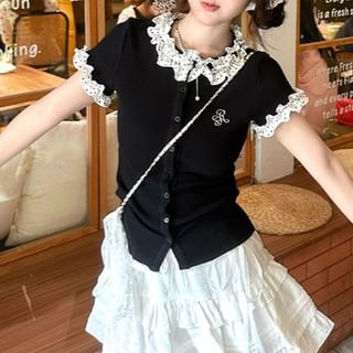 Dreamkura-Short-Sleeve Lace Trim Button-Up Top