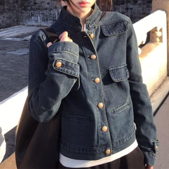 Dreamkura-Stand Collar Denim Button Up Jacket