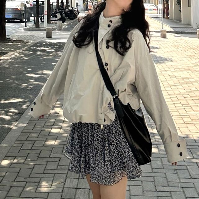 Dreamkura-Stand Collar Plain Button Up Jacket