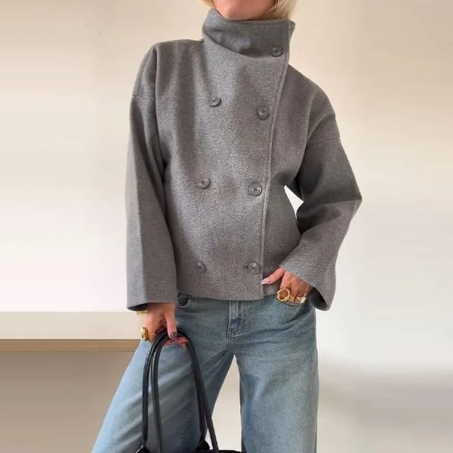 Dreamkura-Stand Collar Plain Double-Breasted Jacket