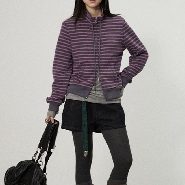 Dreamkura-Stand Collar Striped Zip-Up Jacket