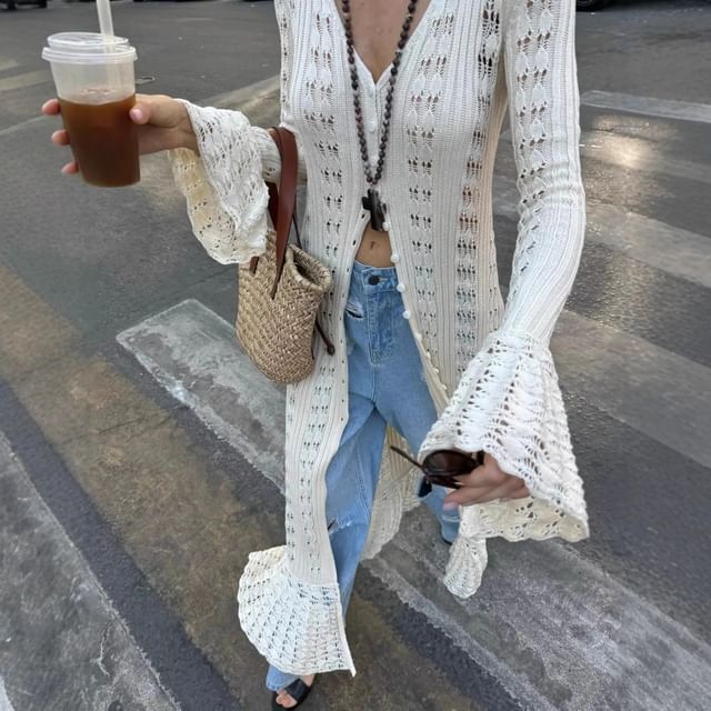 Dreamkura-V-Neck Perforated Plain Long Cardigan