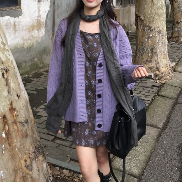 Dreamkura-V-Neck Plain Cable Knit Cardigan