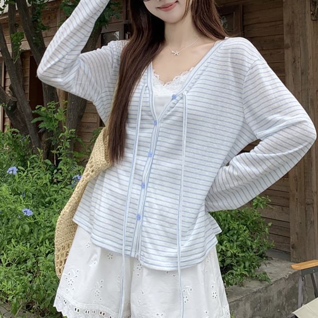 Dreamkura-V-Neck Striped Button Up Light Jacket