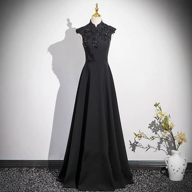 DreesHouse-Cap-Sleeve Mandarin Collar Plain Sequin A-Line Evening Gown