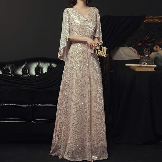 DreesHouse-Cape-Sleeve v-Neck Sequined A-Line Evening Gown
