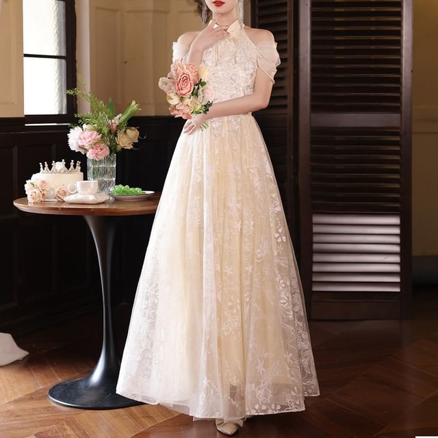 DreesHouse-Cold-Shoulder A-Line Lace Evening Gown