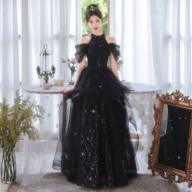 DreesHouse-Cold Shoulder Glitter Sheer A-Line Evening Gown