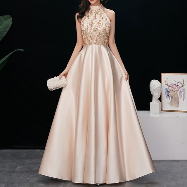 DreesHouse-Cold-Shoulder Lace Panel Satin A-Line Evening Gown