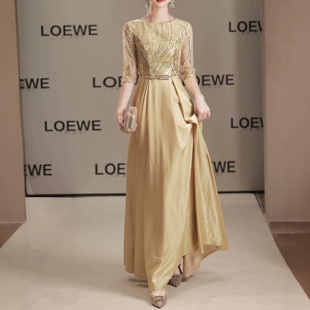DreesHouse-Elbow Sleeve Round Neck Sequin Panel Mesh A-Line Evening Gown