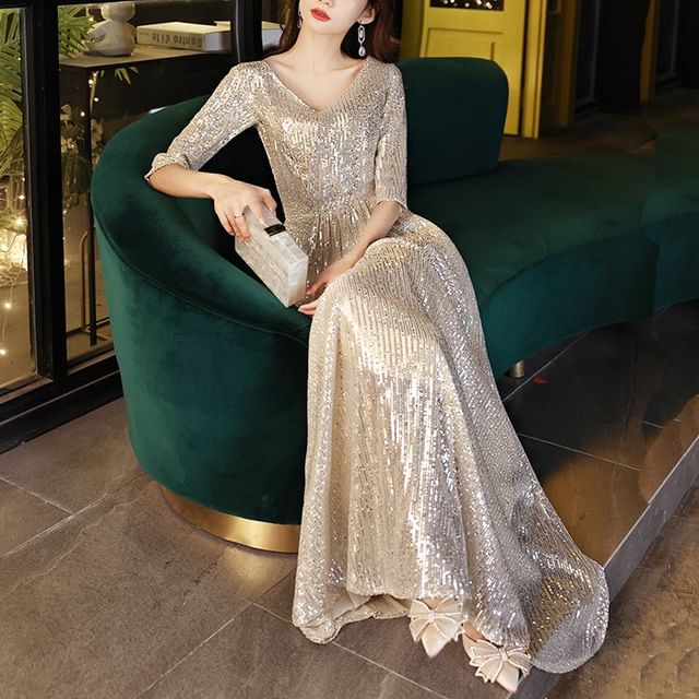 DreesHouse-Elbow Sleeve V-Neck Plain Sequin A-Line Evening Gown