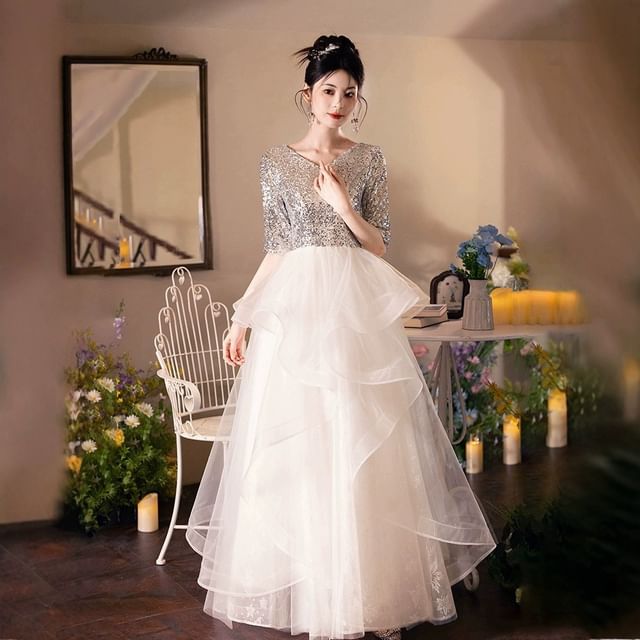 DreesHouse-Elbow Sleeve V-Neck Sequin Ruffle Mesh A-Line Evening Gown