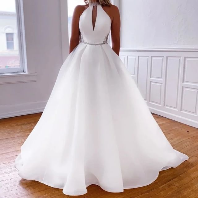 DreesHouse-Halter-Neck Rhinestone Keyhole A-Line Wedding Gown