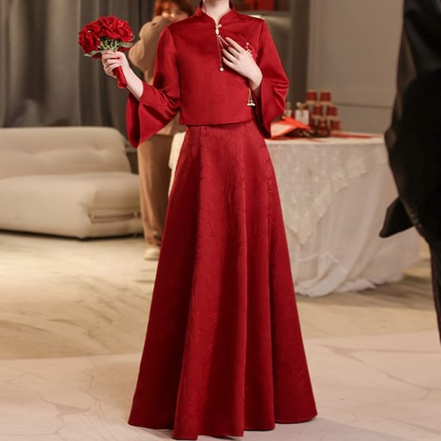 DreesHouse-Long-Sleeve Mandarin Collar Jacquard Two-Piece A-Line Evening Gown