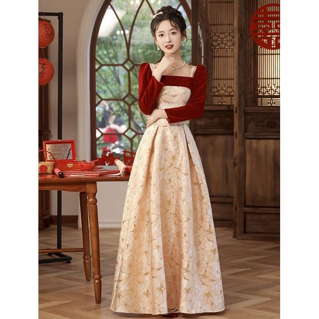 DreesHouse-Long Sleeve Square Neck Velvet Panel Jacquard A-Line Evening Gown