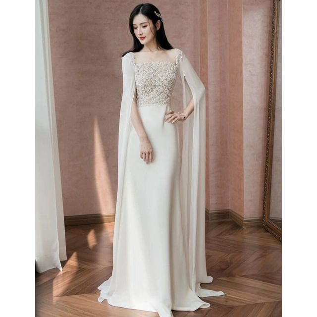 DreesHouse-Maxi Sleeve Square Neck Plain Panel Lace A-Line Wedding Gown