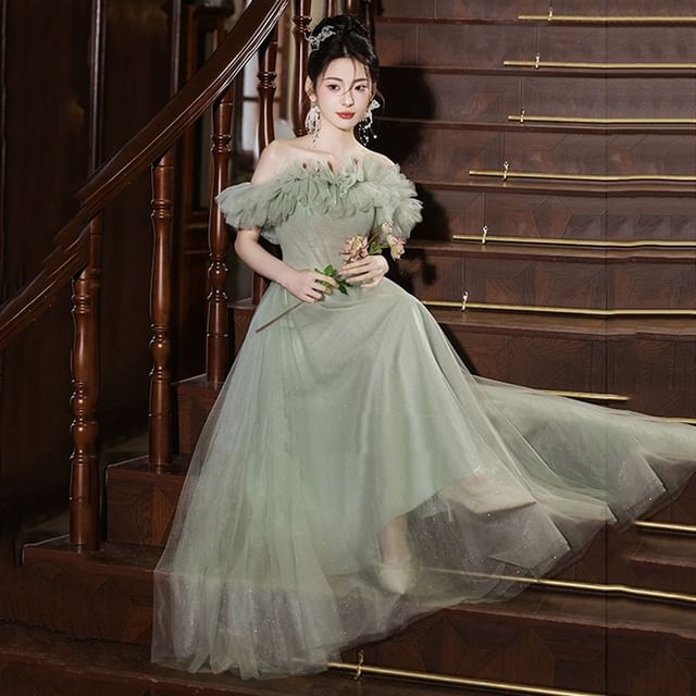 DreesHouse-Off Shoulder Mesh A-Line Evening Gown