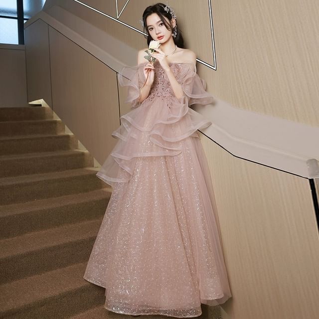 DreesHouse-Off Shoulder Sheer A-Line Evening Gown