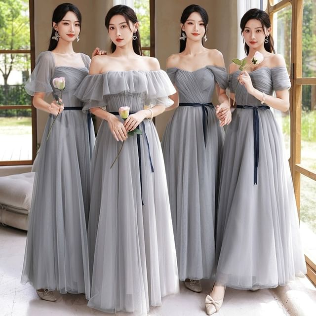 DreesHouse-Plain Sashed Mesh Maxi A-Line Bridesmaid Dress