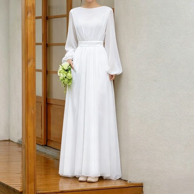 DreesHouse-Puff-Sleeve Plain Midi A-Line Dress