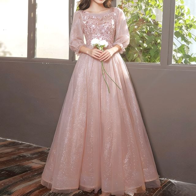 DreesHouse-Puff-Sleeve Sequined A-Line Glitter Evening Gown